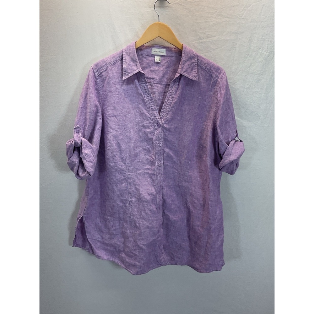 Peter Hahn womens Linen Button Down Shirt purple XXL Germany roll tab luxury